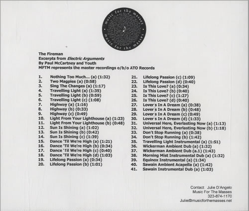 The Fireman Excerpts From Electric Arguments By Paul McCartney & Youth CD-R acetate US TFRCREX471464