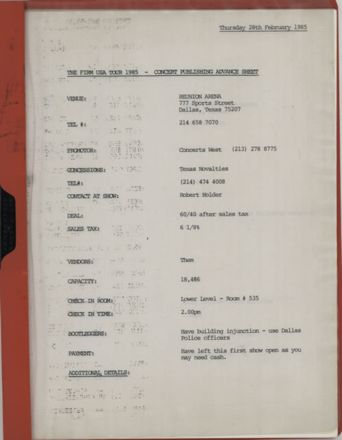 The Firm (Rock) USA Tour 1985 Itinerary UK FRMITUS612630