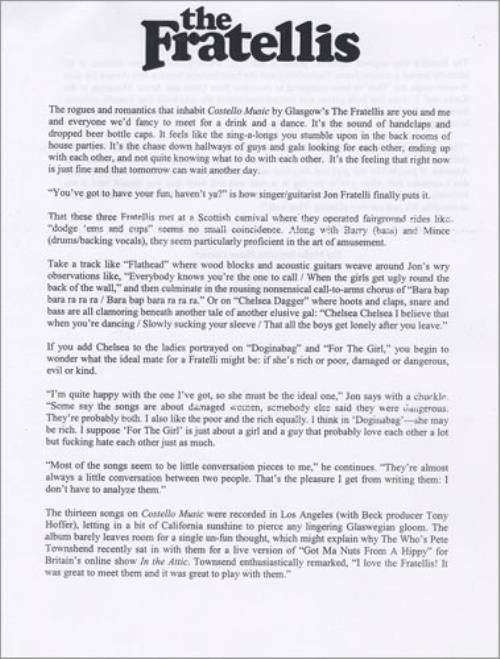 The Fratellis Costello Music media press pack US TT2PPCO432496