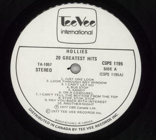The Hollies 20 Greatest Hits vinyl LP album (LP record) Canadian HLLLPGR245227
