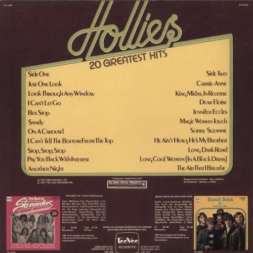 The Hollies 20 Greatest Hits vinyl LP album (LP record) Canadian HLLLPGR245227