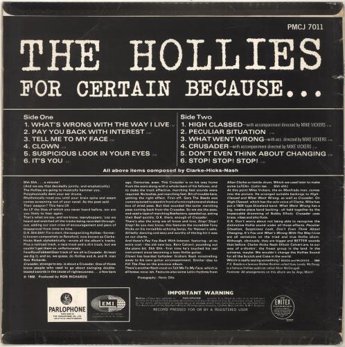 The Hollies For Certain Because... vinyl LP album (LP record) South African HLLLPFO693898