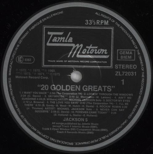 The Jackson Five 20 Golden Greats vinyl LP album (LP record) German JKSLPGO800565