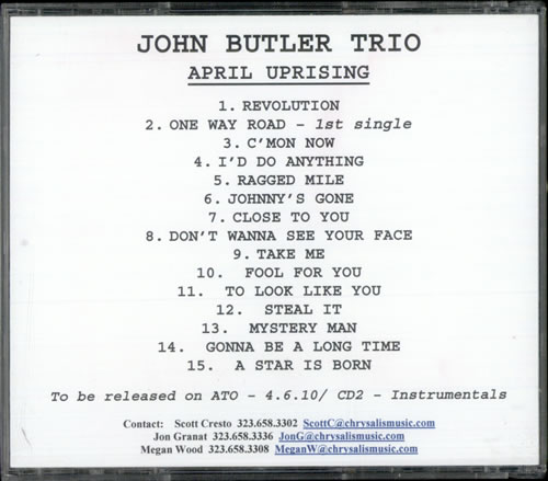 The John Butler Trio April Uprising + Instrumentals CD-R acetate US TXICRAP509979