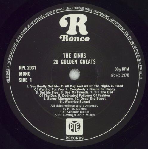 The Kinks 20 Golden Greats vinyl LP album (LP record) UK KINLPGO280930