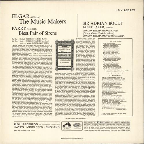 The London Philharmonic Orchestra Elgar: The Music Makers / Parry: Blest Pair of Sirens vinyl LP album (LP record) UK XIZLPEL724499