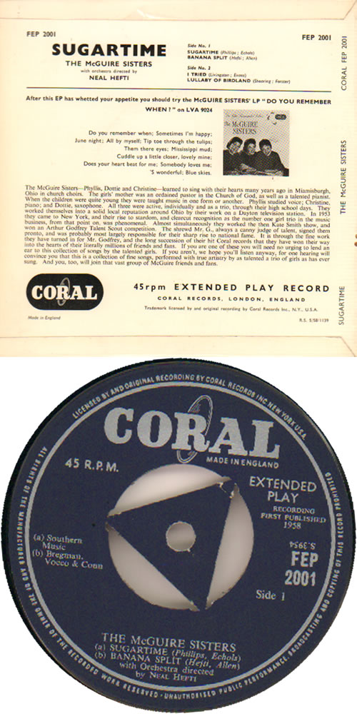 The McGuire Sisters Sugartime EP 7" vinyl single (7 inch record / 45) UK 7MS07SU641843