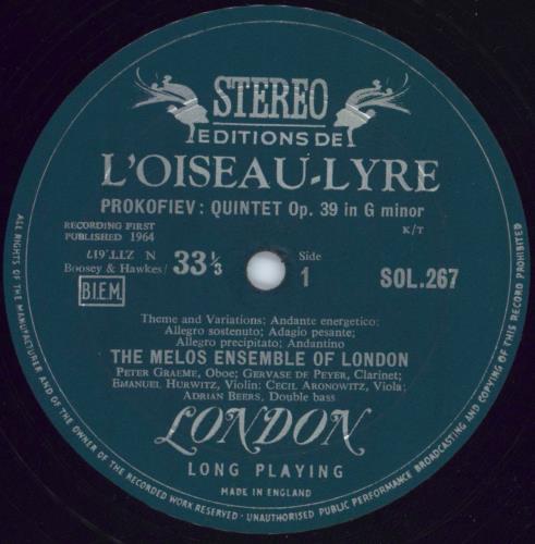 The Melos Ensemble Prokofiev: Quintet Op. 39 in G Minor / Shostakovich: Quintet Op. 57 - 1st vinyl LP album (LP record) UK XJ4LPPR777306