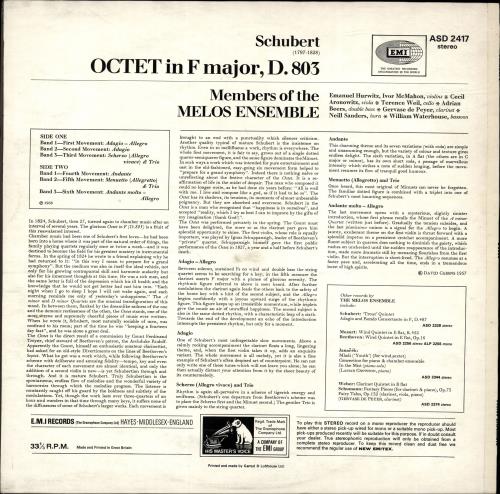 The Melos Ensemble Schubert: Octet - 2nd vinyl LP album (LP record) UK XJ4LPSC690460