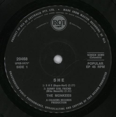 The Monkees She 7" vinyl single (7 inch record / 45) Australian MKE07SH893851