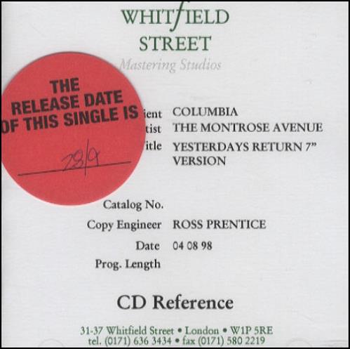 The Montrose Avenue Yesterdays Return CD-R acetate UK MVUCRYE124161
