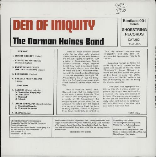 The Norman Haines Band Den Of Iniquity vinyl LP album (LP record) UK 2JZLPDE756743