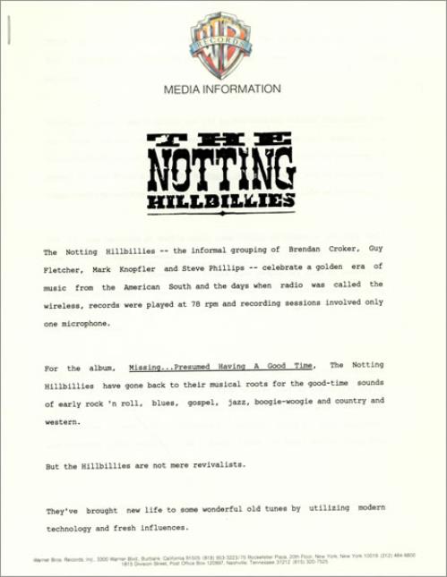 The Notting Hillbillies Missing...Presumed Having A Good Time media press pack US NOTPPMI30001