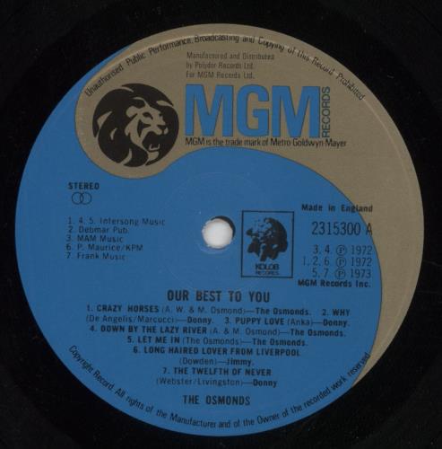 The Osmonds Our Best To You vinyl LP album (LP record) UK OSDLPOU236393