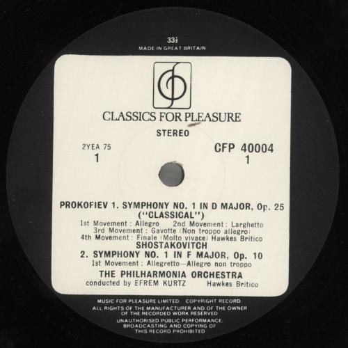 The Philharmonia Orchestra Prokofiev: 'Classical' Symphony / Shostakovitch: Symphony No. 1 vinyl LP album (LP record) UK UQ7LPPR638292