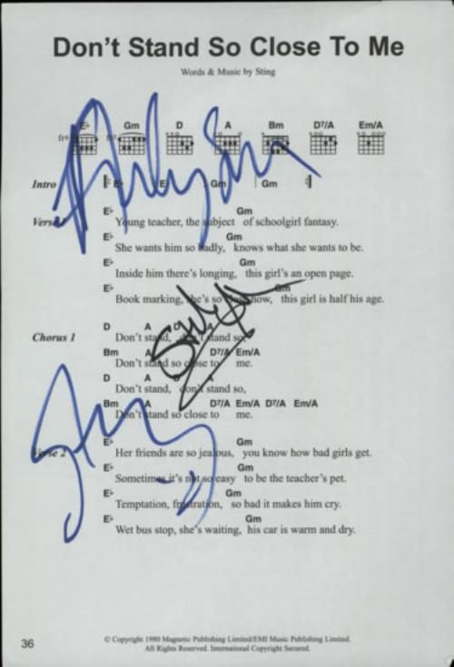 The Police Don't Stand So Close To Me - Fully Autographed Sheet Music memorabilia UK POLMMDO604133