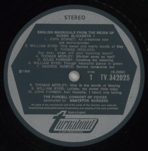 The Purcell Consort Of Voices English Madrigals from the Corts of Elizabeth I and James I vinyl LP album (LP record) US YNRLPEN540210