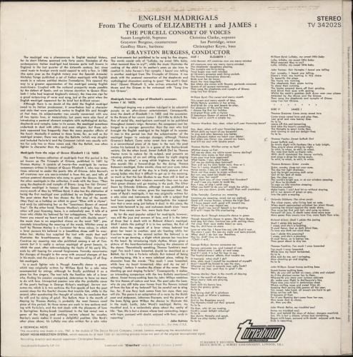 The Purcell Consort Of Voices English Madrigals from the Corts of Elizabeth I and James I vinyl LP album (LP record) US YNRLPEN540210