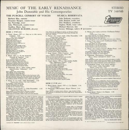 The Purcell Consort Of Voices Music of the Early Renaissance vinyl LP album (LP record) US YNRLPMU540209