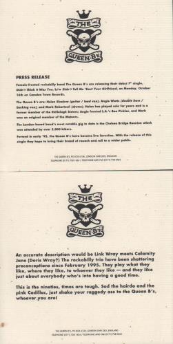 The Queen B's (Didn't Think) It Was You + Press Pack 7" vinyl single (7 inch record / 45) UK X0G07DI655169