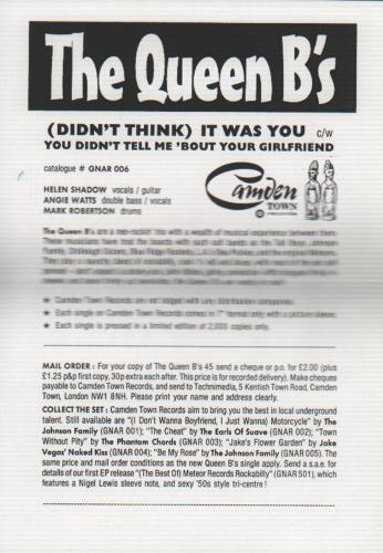 The Queen B's (Didn't Think) It Was You + Press Pack 7" vinyl single (7 inch record / 45) UK X0G07DI655169