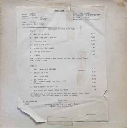 The Ramones Leave Home - Test Pressing + Copy Sheet vinyl LP album (LP record) US RAMLPLE803594