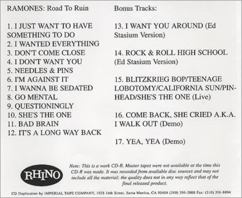 The Ramones Road To Ruin CD-R acetate US RAMCRRO186947
