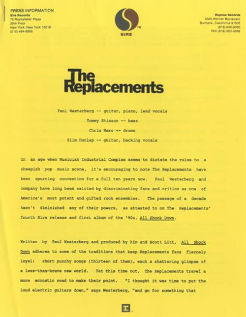 The Replacements All Shook Up media press pack US RPLPPAL490509