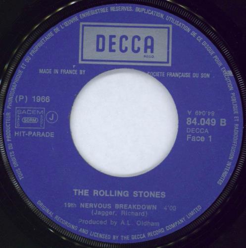 The Rolling Stones 19th Nervous Breakdown 7" vinyl single (7 inch record / 45) French ROL07TH378802