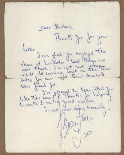 The Rolling Stones Brian Jones Handwritten Letter To A Fan memorabilia UK ROLMMBR719842