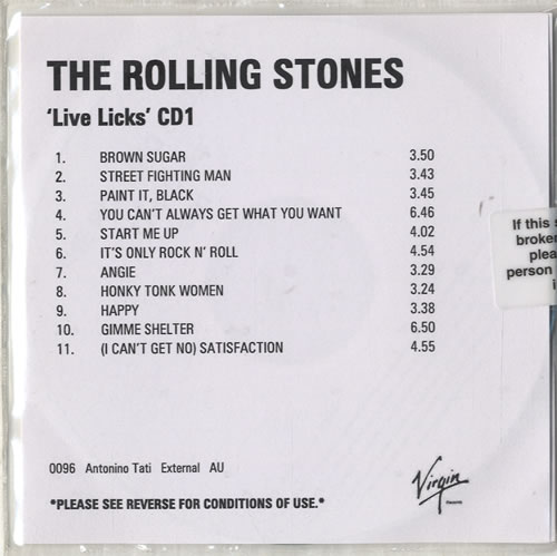 The Rolling Stones Live Licks CD-R acetate US ROLCRLI320359