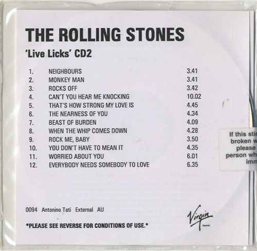 The Rolling Stones Live Licks CD-R acetate US ROLCRLI320359