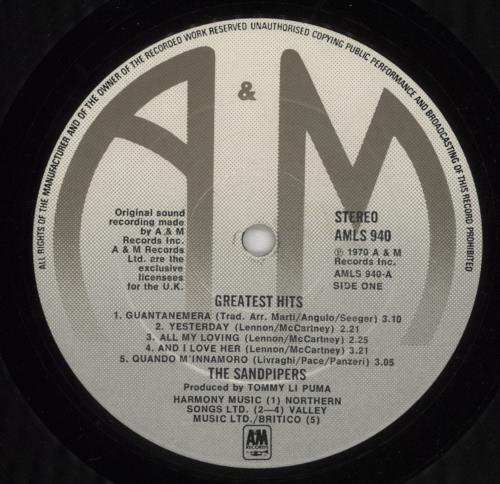 The Sandpipers Greatest Hits vinyl LP album (LP record) UK SDPLPGR640885