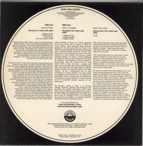 The Schoenfeld Duo Sonata, Sonatine, Choros No.2 For Violin And Cello vinyl LP album (LP record) UK Z3TLPSO724081