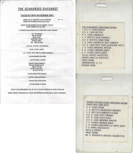 The Seahorses Catering Rider memorabilia UK SEOMMCA342557
