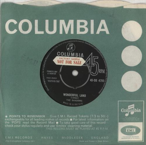 The Shadows Wonderful Land - 2nd - Sample 7" vinyl single (7 inch record / 45) UK SHD07WO870090