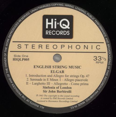 The Sinfonia Of London Barbirolli Conducts English String Music - 180 Gram Vinyl vinyl LP album (LP record) UK V76LPBA880465