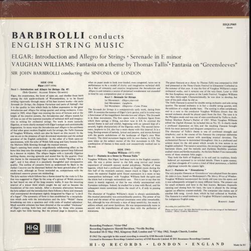 The Sinfonia Of London Barbirolli Conducts English String Music - 180 Gram Vinyl vinyl LP album (LP record) UK V76LPBA880465