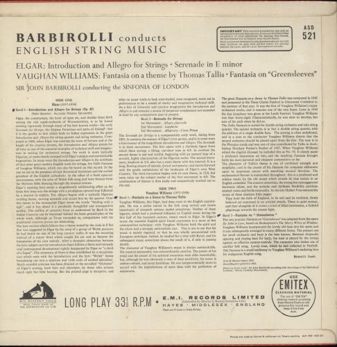 The Sinfonia Of London Barbirolli Conducts English String Music - 1st - EX vinyl LP album (LP record) UK V76LPBA880499