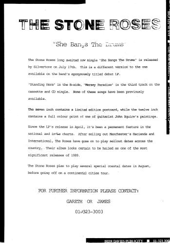 The Stone Roses She Bangs The Drums 7" vinyl single (7 inch record / 45) UK STO07SH09790