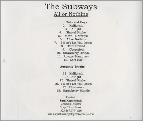 The Subways All Or Nothing 2 CD album set (Double CD) US THX2CAL454575