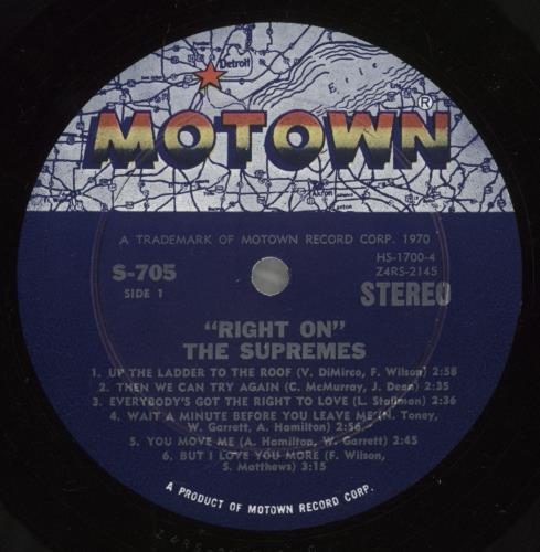 The Supremes Right On vinyl LP album (LP record) US SPMLPRI301165