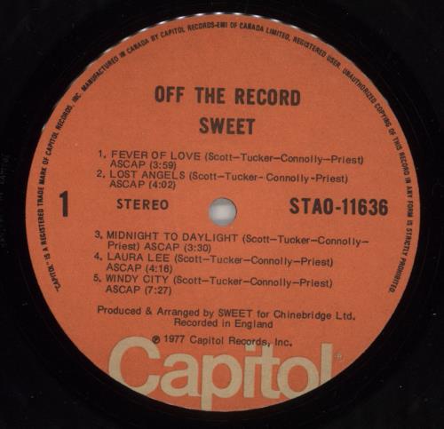 The Sweet Off The Record vinyl LP album (LP record) Canadian SWTLPOF864422