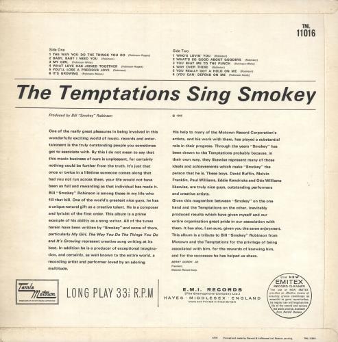 The Temptations The Temptations Sing Smokey vinyl LP album (LP record) UK TEMLPTH737595