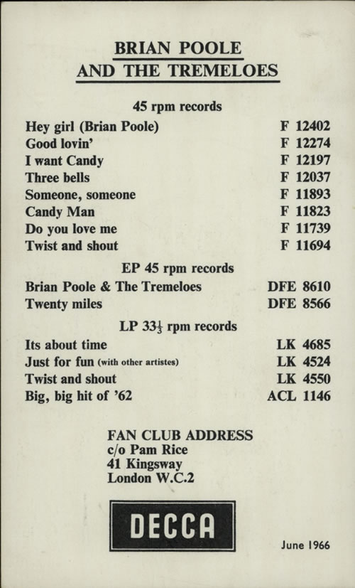 The Tremeloes Fully Autographed Photocard memorabilia UK TREMMFU642462