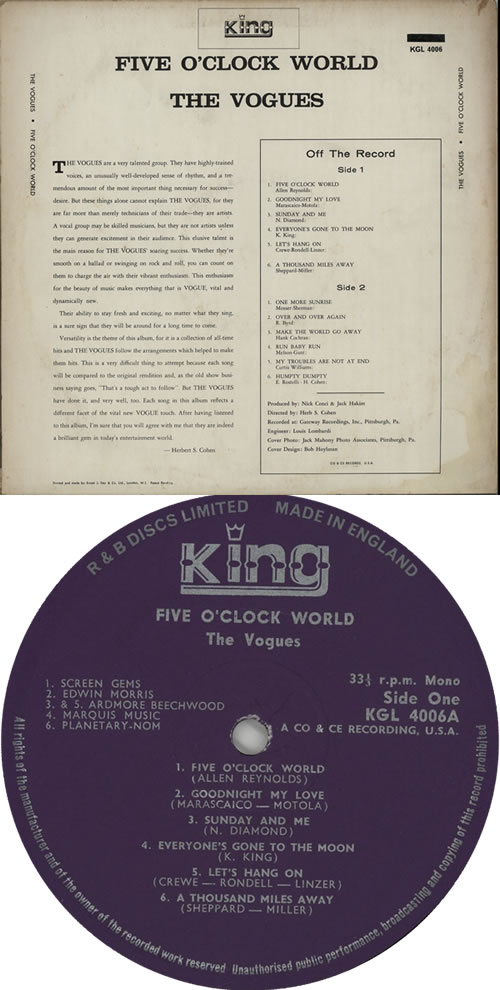 The Vogues Five O'Clock World vinyl LP album (LP record) US VOGLPFI635809