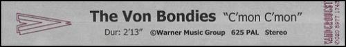 The Von Bondies C'mon C'mon video (VHS or PAL or NTSC) UK VNBVICM280602