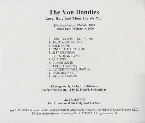 The Von Bondies Love, Hate And Then There's You CD-R acetate US VNBCRLO477178