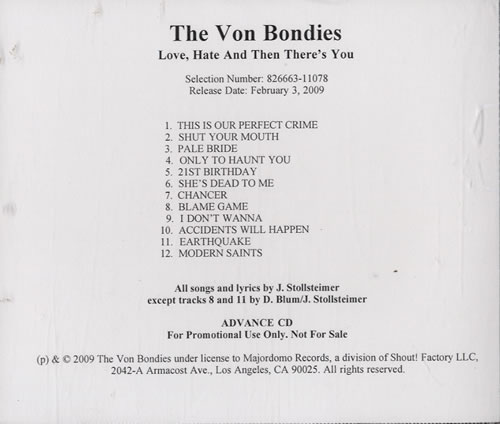 The Von Bondies Love, Hate And Then There's You CD-R acetate US VNBCRLO478258