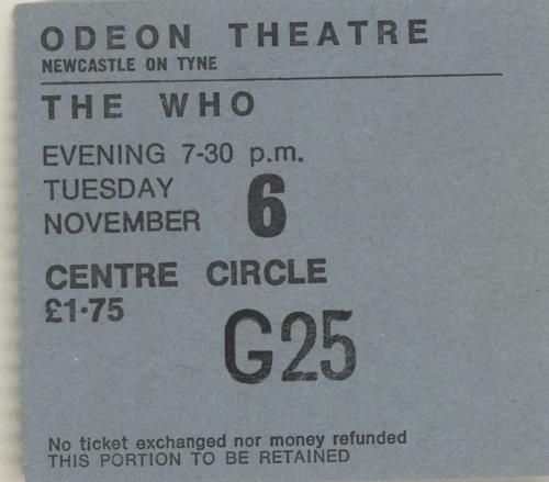 The Who 1973 Odeon Theatre, Newcastle Ticket Stub memorabilia UK WHOMMOD684674